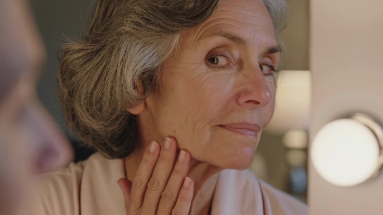 Donna anziana si guarda allo specchio, massaggiandosi la parte inferiore del viso mentre controlla la texture della pelle, con lampadine da trucco e accappatoio.