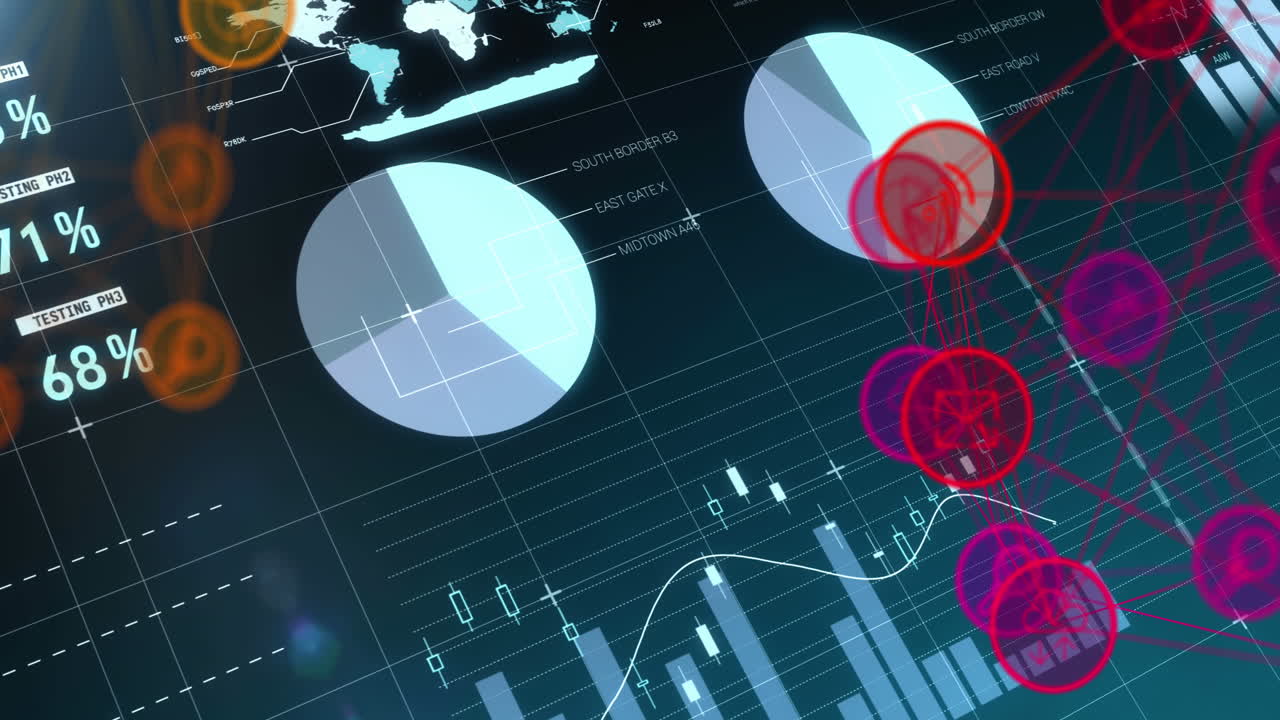 vídeo compuesto digital de la red de conexión con iconos de interfaz contra la interfaz estadística