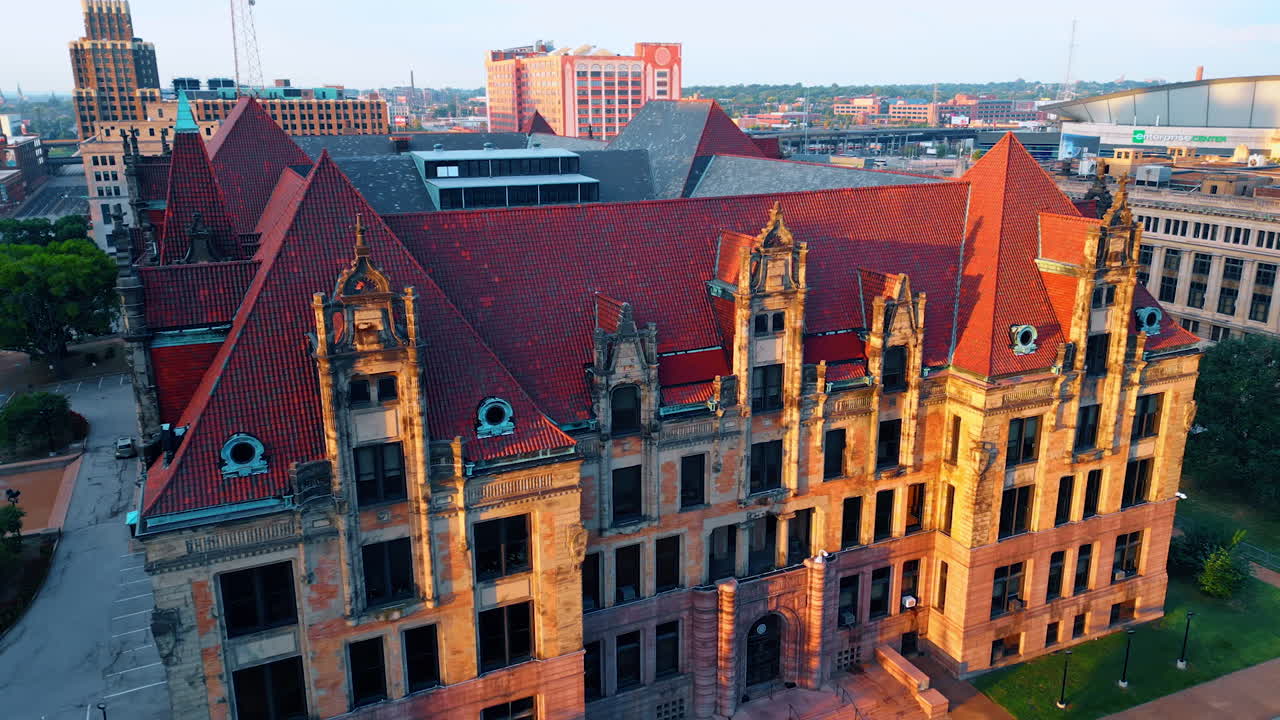 Saint Louis USA, 14 August 2025: Exterior of a beautiful building of City Hall in St. Louis, Missouri, USA. Descend at the façade of the landmark lit by the setting sun