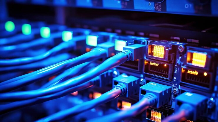 Close-up of Network Cables Connected to Server Rack