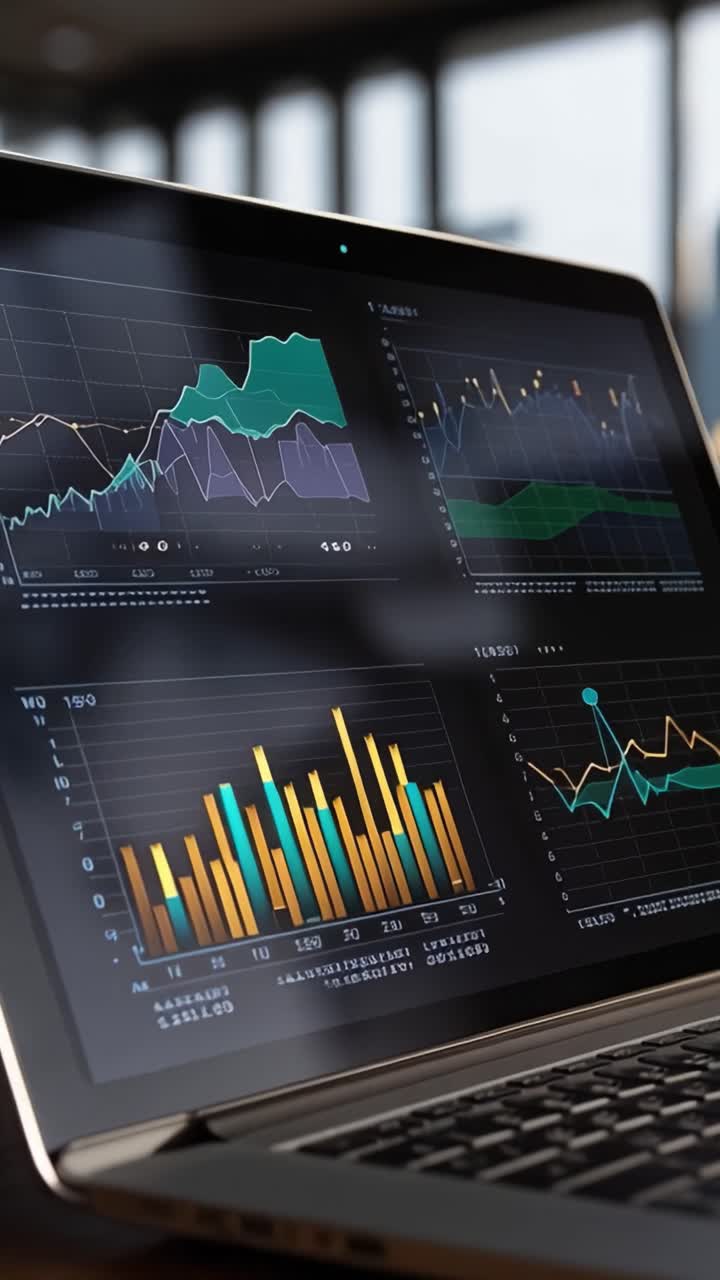 Analyse av finansielle data på en laptop-skjerm: Grafer, diagrammer og trender som viser markedsutvikling og statistisk innsikt i et moderne arbeidsmiljø.