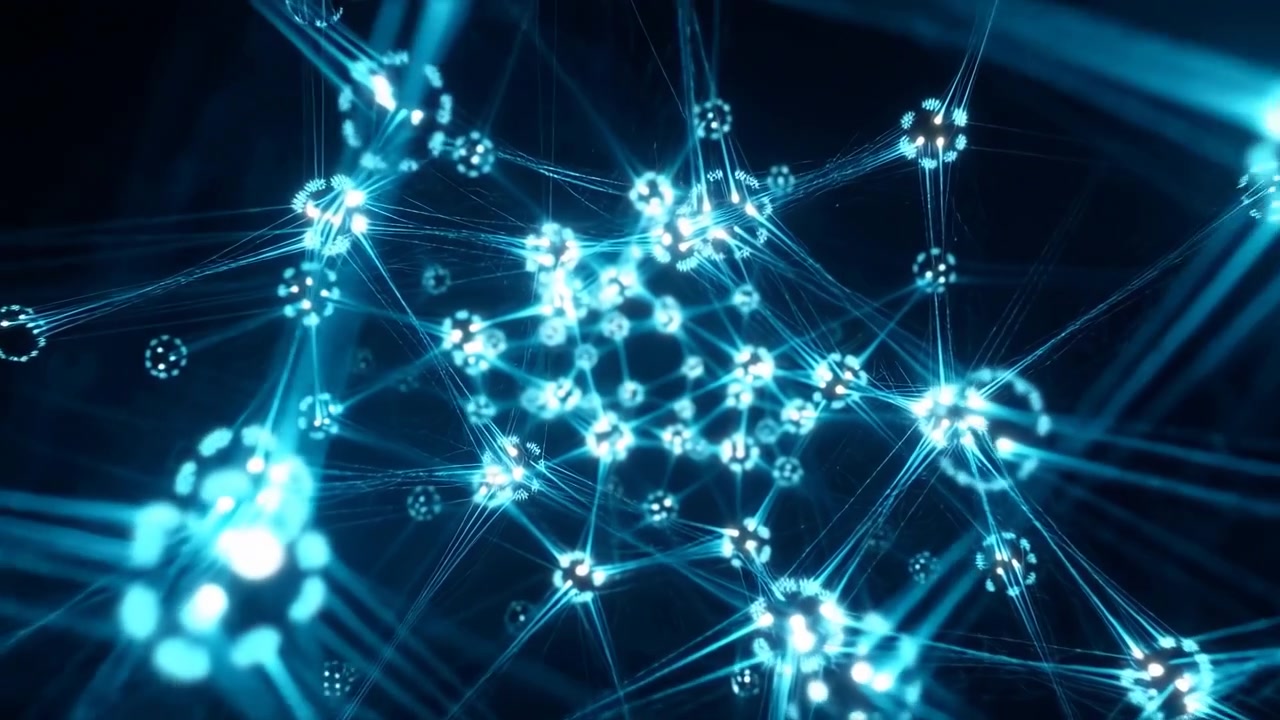 Glowing cyan blue network of interconnected luminous nodes and filaments in detailed macro view against deep navy backdrop with layered triangular lattice and radiant depth