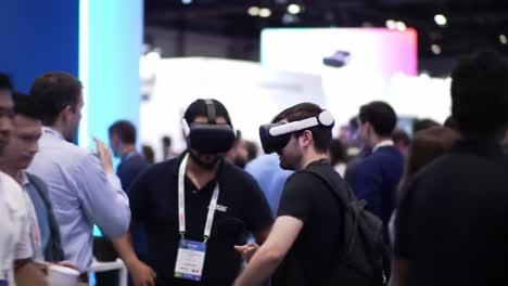 engaged attendees in a bustling convention center showcasing innovative technology and virtual reality experiences with dynamic interaction and networking opportunities