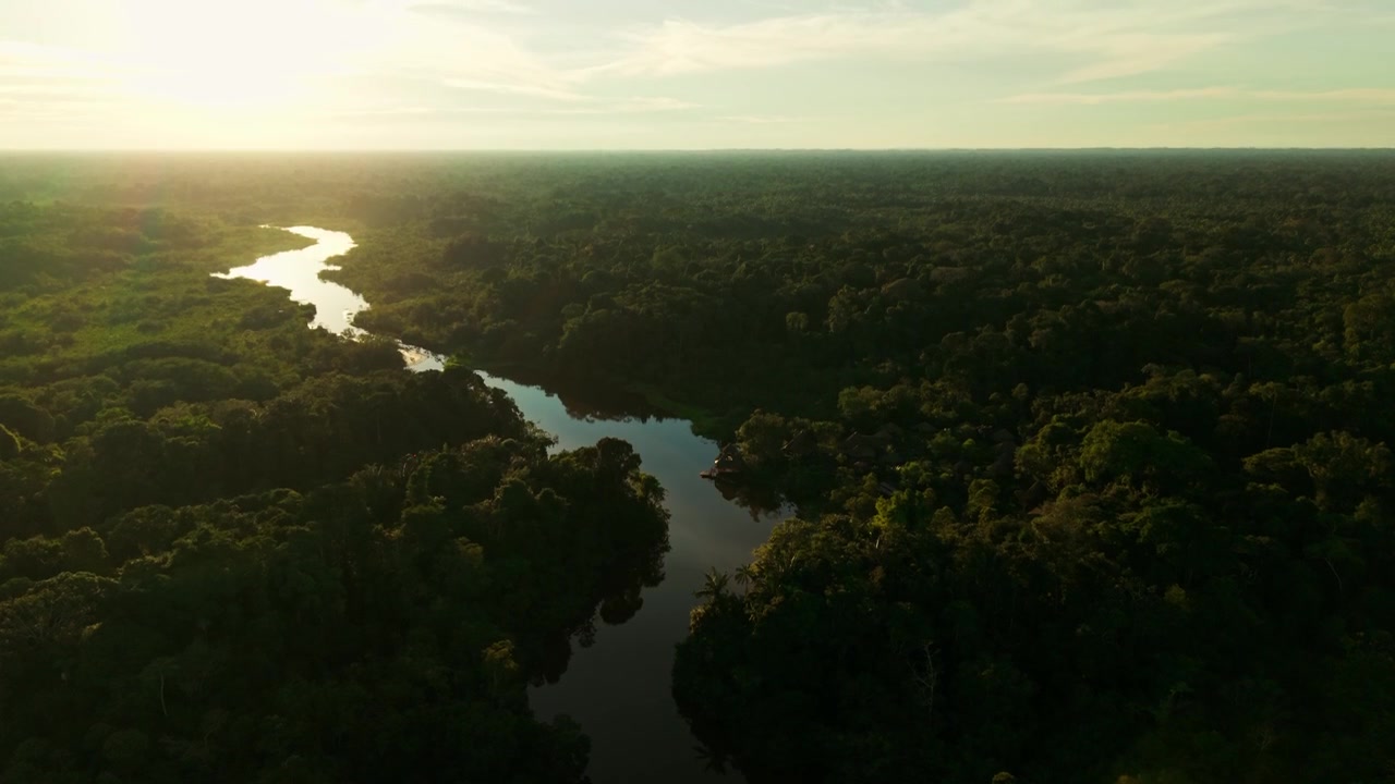 Droneoptagelse flyvende over en snoet flod gennem den tætte amazonasregnskov ved solnedgang, afslørende optagelse