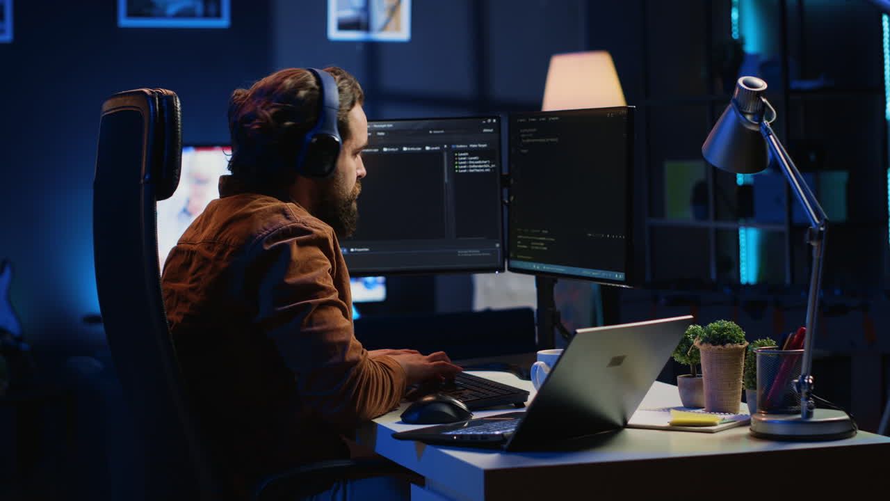 It admin using multimonitor desktop setup and notebook to finish tasks