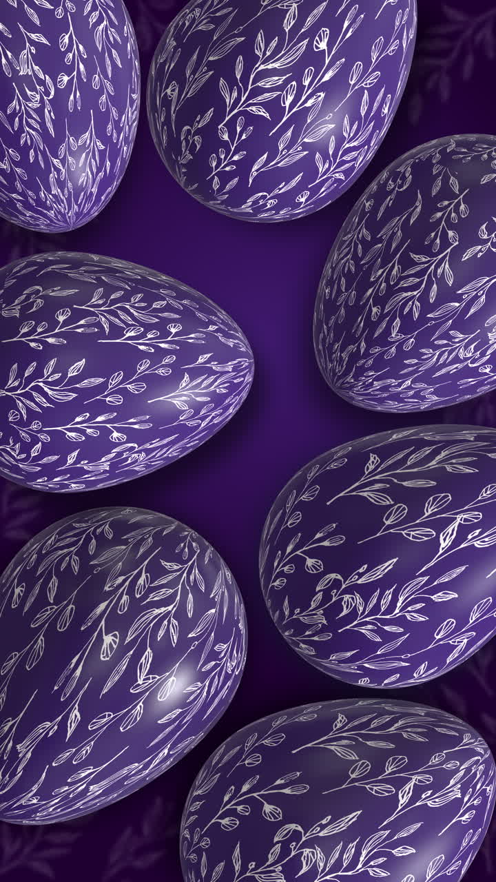 Purple Easter eggs with painted patterns. Animated holiday seamless background. Christian religious holiday of Easter. Loop video. Vertical video.
