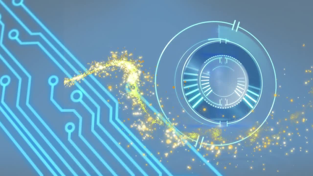 컴퓨터 회로판의 애니메이션, 파란색 배경에  ⁇ 는 별과 스 ⁇  스캔