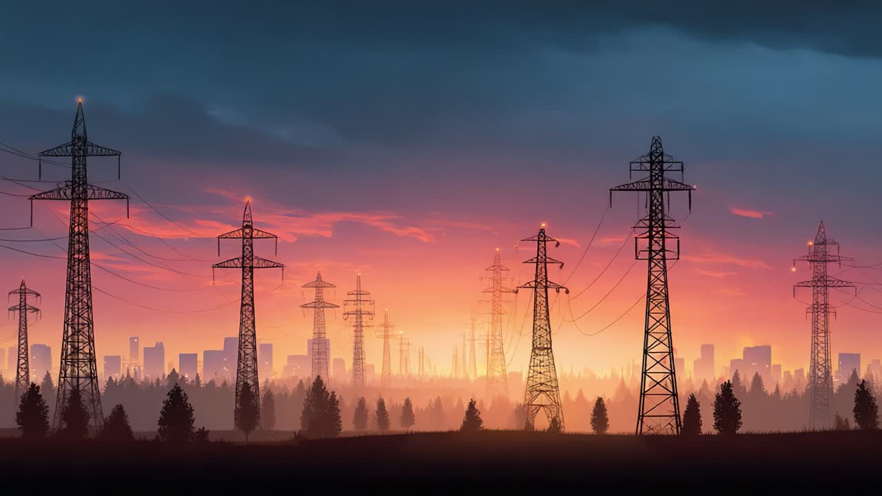 A Stunning Silhouette of Power Lines Against a Vibrant Orange and Blue Sunset Sky, Illustrating the Industrial Landscape and Nature's Beauty in Harmony