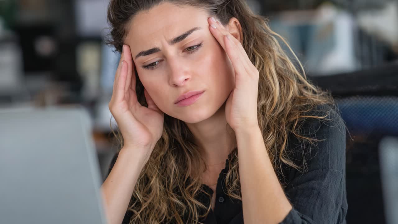 Donna Stressata che Affronta Problemi al Computer sul Lavoro: Due Inquadrature Mostrano Ansia e Frustrazione Crescenti Tra le Sfide Digitali in un Moderno Ambiente d'Ufficio