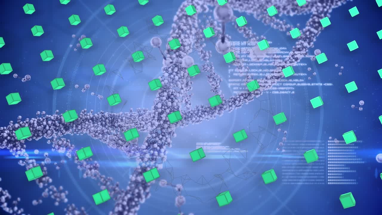 Animation of dna strand and rows of green cubes over data processing
