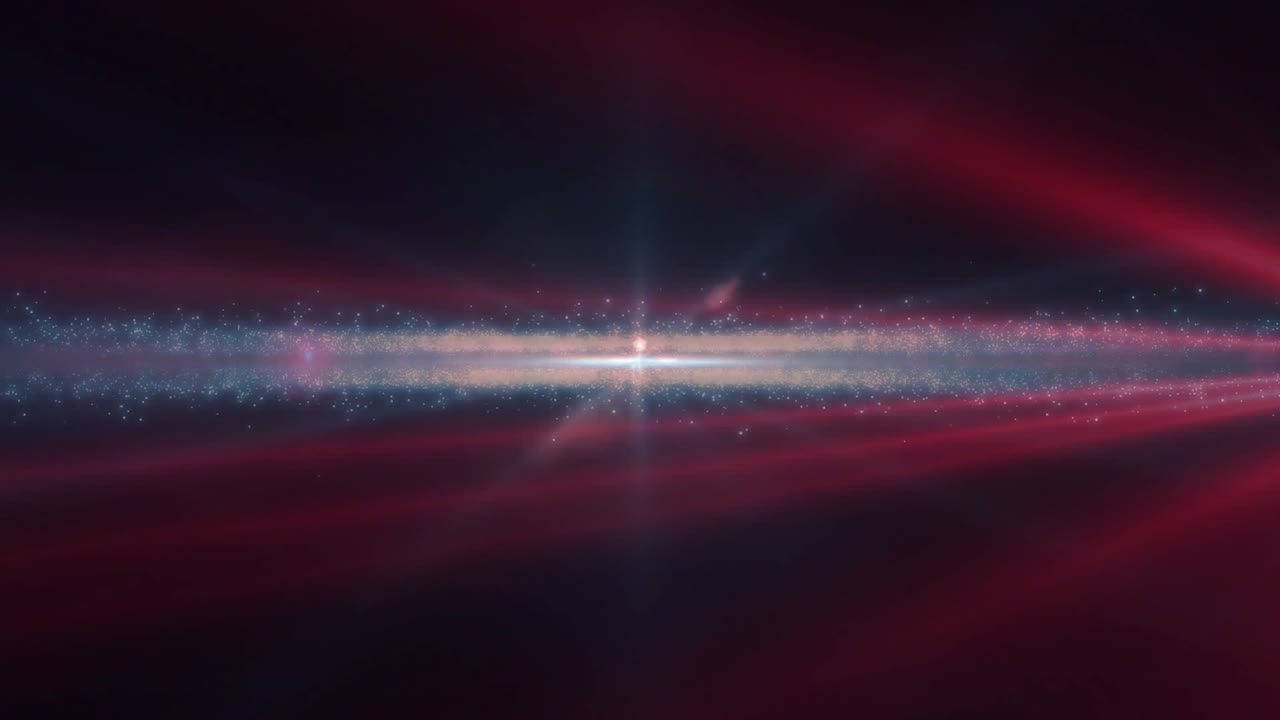 Red lens flare rising, projecting horizontal beam, particles streaming fading visualizing energy
