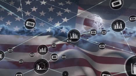 Animation-of-network-of-connections-with-icons-over-flag-of-united-states-of-america-and-clouds