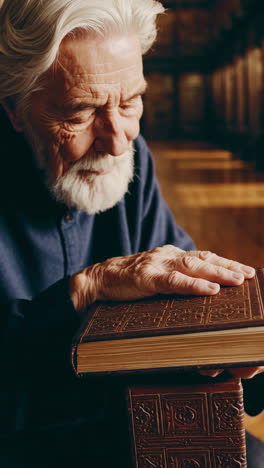 old man reading in a historic library