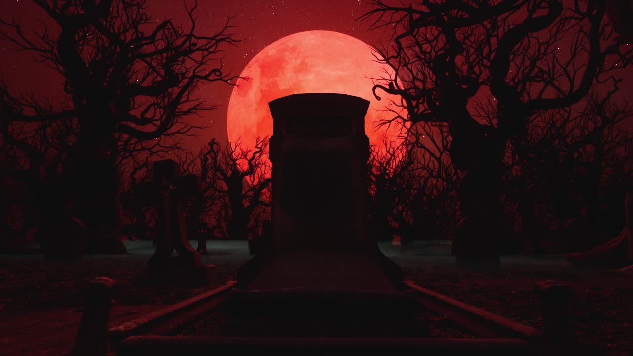 Cimitero spettrale e foresta oscura con la silhouette di una massiccia luna di sangue rossa.