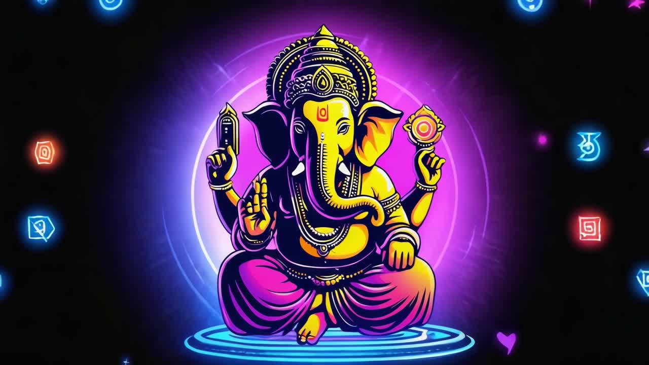 Neon Ganesha: A Psychedelic Digital Art Illustration