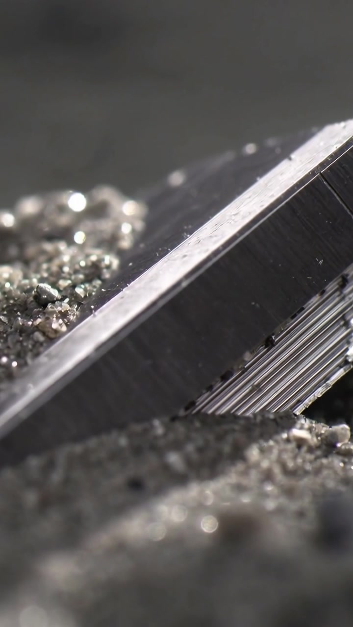 Vertical video: Viewpoint shifting revealing blade sliding over filings at bench, to show texture