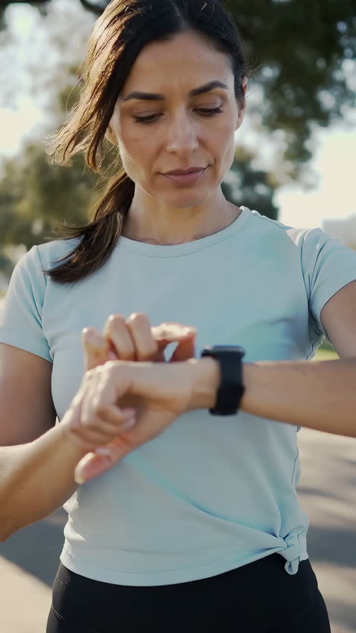 Vertical video: Looking down woman in blue top tapping black tracker on park path checking timer