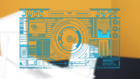 animation of financial data processing over desk in office