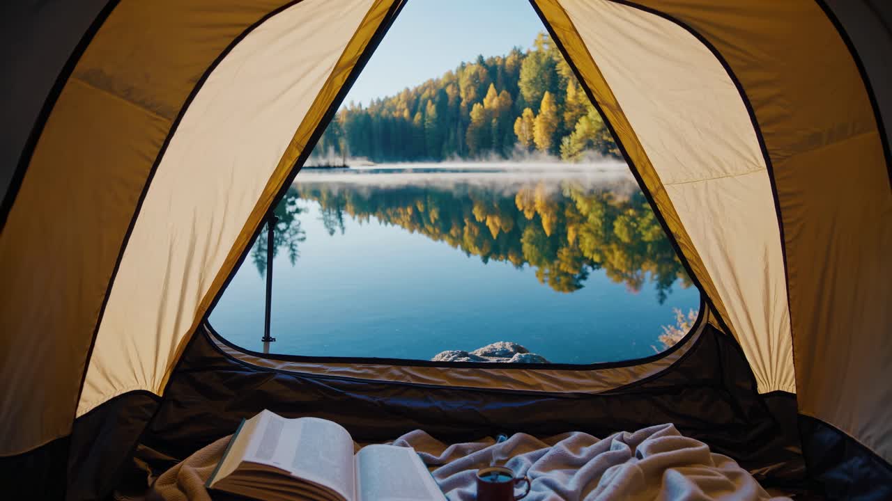 POV from inside a tent, capturing a serene lake view with autumn trees