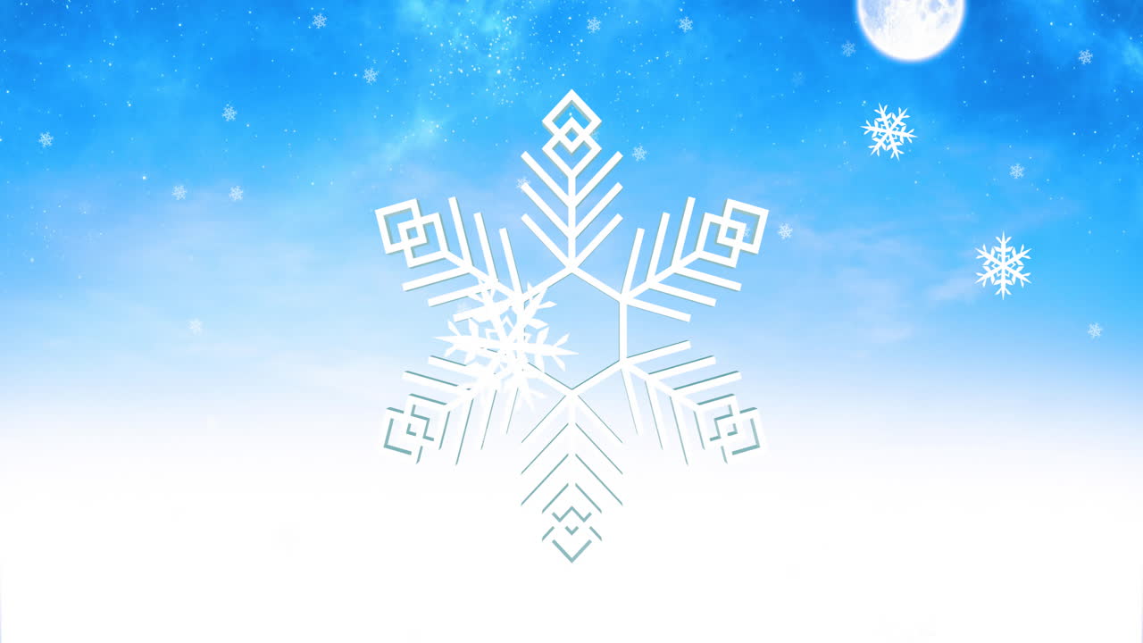 Snowflake design animation over blue sky with moon and smaller snowflakes