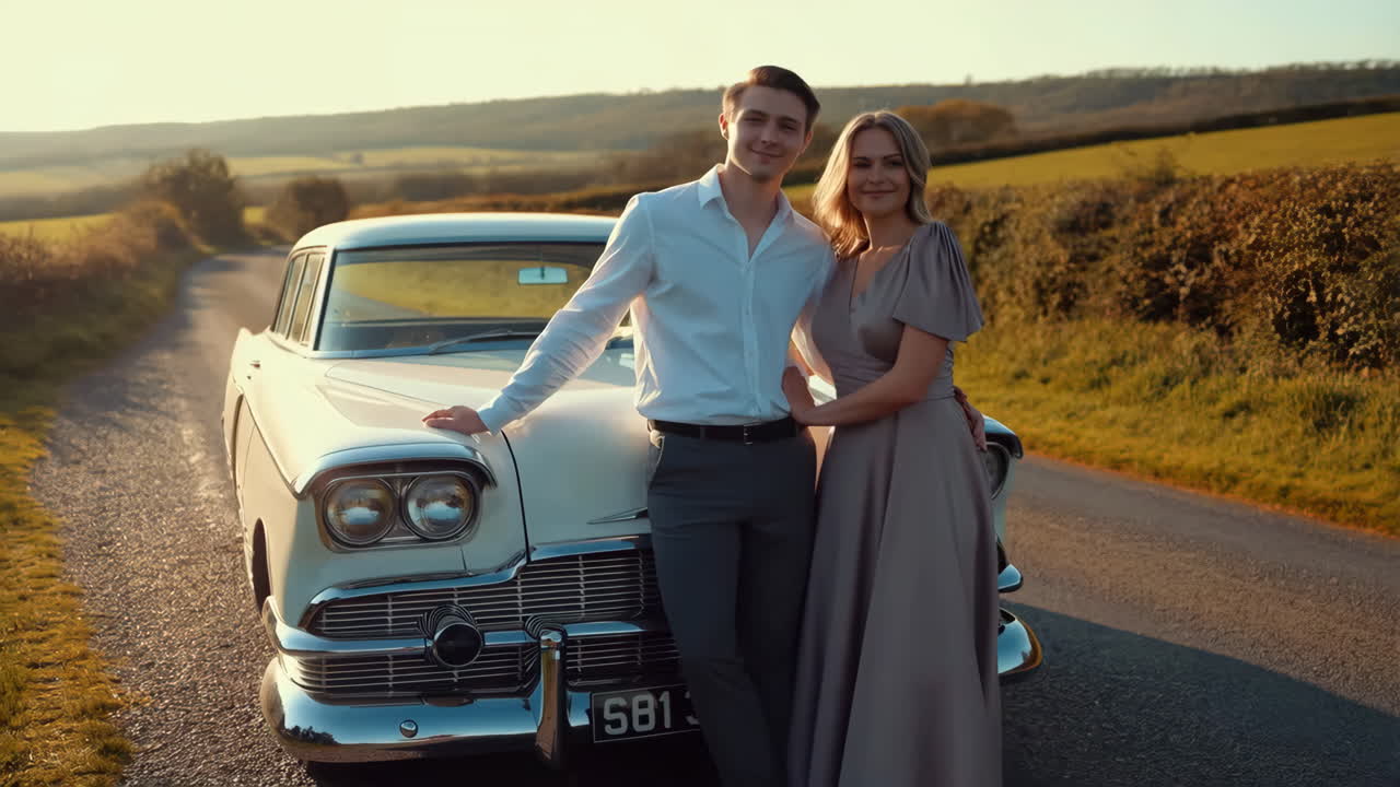 Elegant Couple Posing with a Vintage Car on a Country Road at Sunset