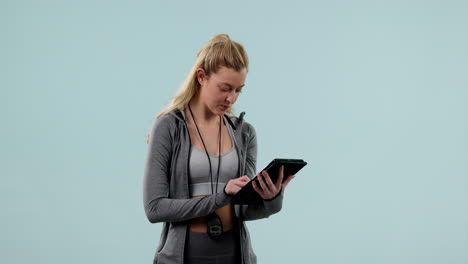 Denken,-Fitness-Und-Frau-Mit-Einem-Tablet