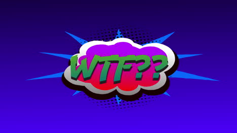 animación de texto wtf en burbuja de habla retro sobre filas de puntos y círculos en fondo azul