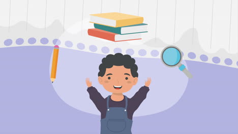 niño feliz con libros y una lupa