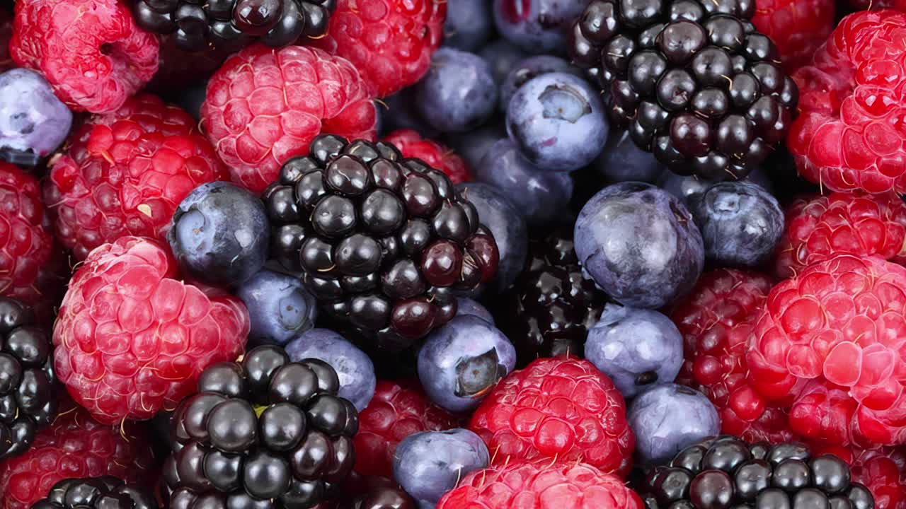 Blueberries, Red and Blue Raspberries. Fruit Background