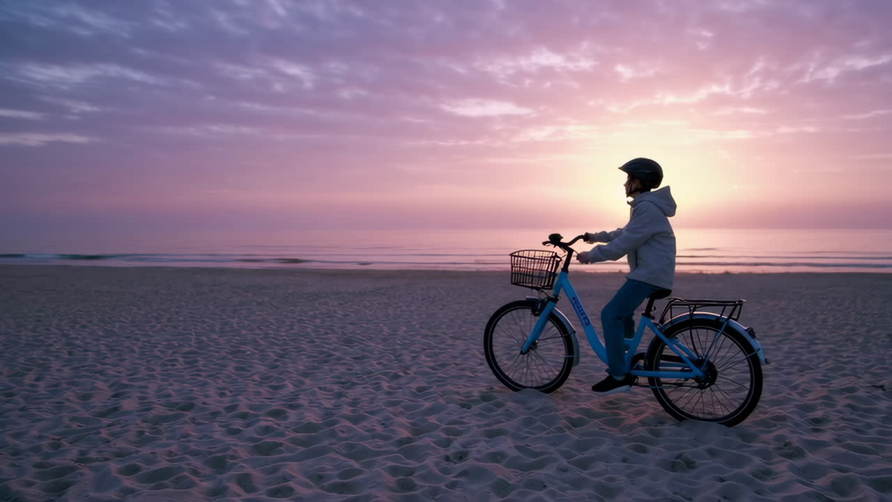 A young person on a bicycle enjoying a sunset by the beach