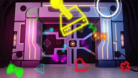 animación de iconos de juegos sobre taza en el túnel cibernético