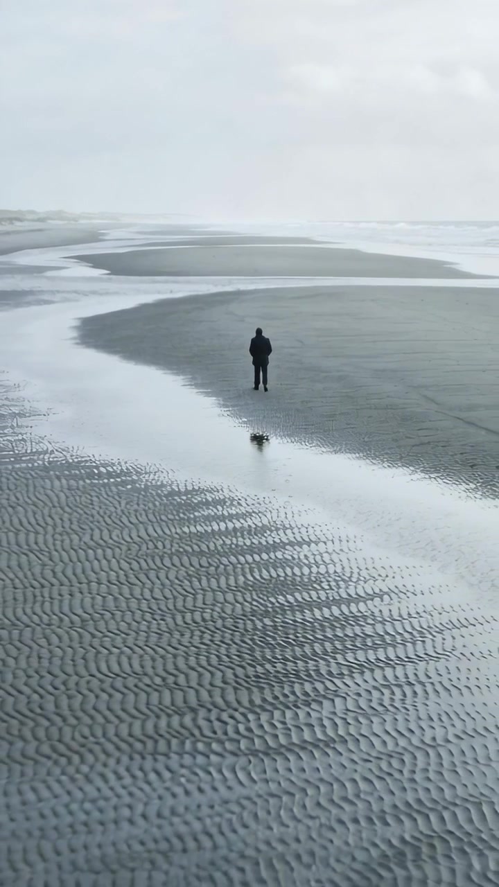 Vertical video: Walking adult in dark coat pants hat with purpose crossing tidal flats trailing dog