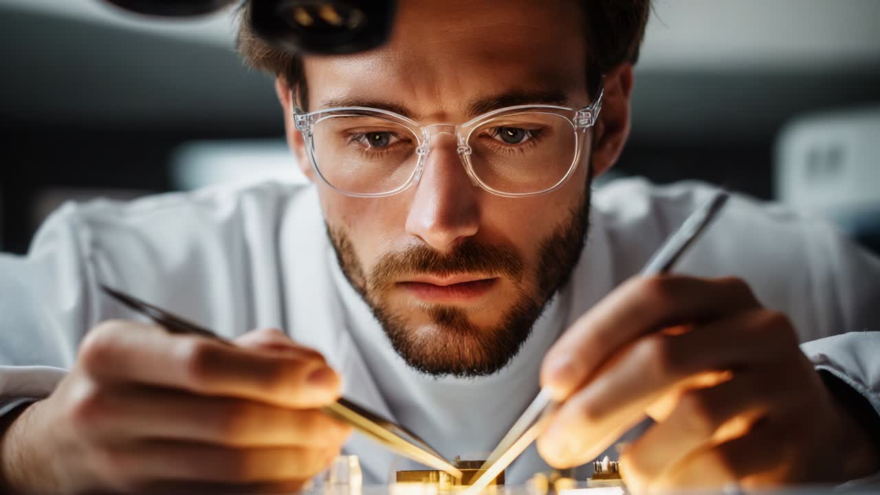Meticulous Focus on Precision Engineering: A Skilled Technician Delicately Manipulates Electronic Components Under a Microscope, Showcasing Precision and Expertise in a Laboratory Setting