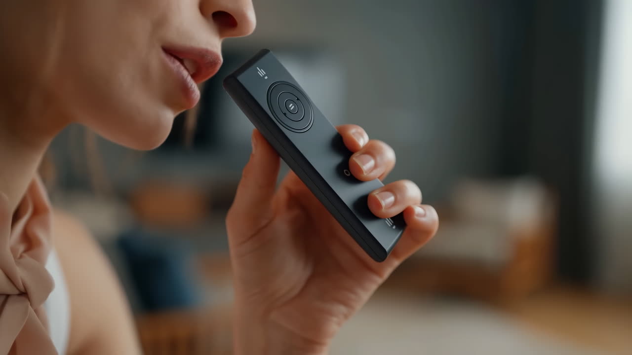 Donna con telecomando vocale vicino alla bocca, interno di soggiorno illuminato morbidamente, preme il pulsante per attivare un dispositivo smart.