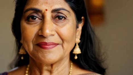 close up of a senior indian woman smiling gently, closing her eyes slowly. the expression radiates serenity and wisdom, showcasing the beauty of aging and cultural heritage