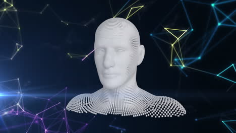 animación de busto humano formado con partículas grises con redes de conexiones en el fondo