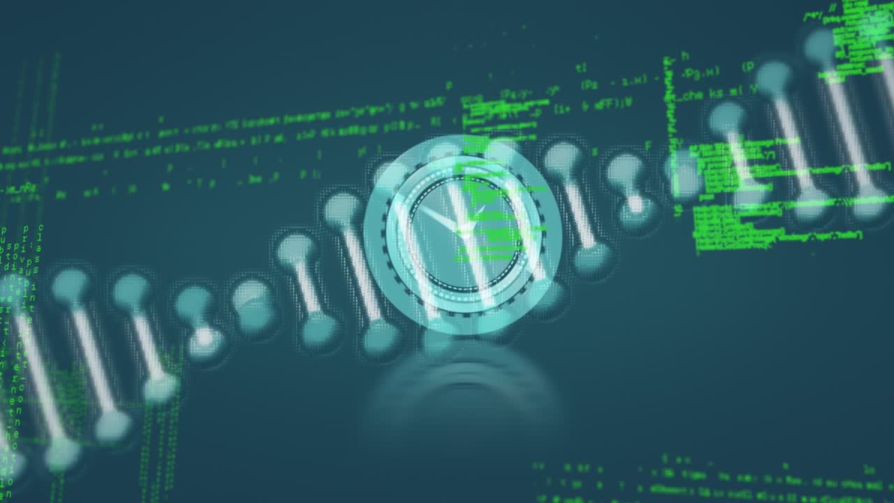 Animation of dna strand and clock over data processing on black background
