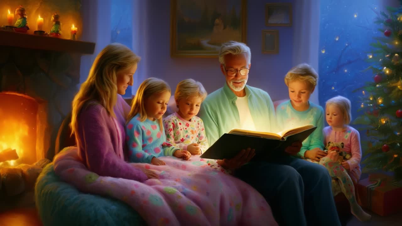 A Cozy Family Scene by the Fire: A Grandparent Reads a Holiday Story to Children as They Gather Around, Surrounded by Warmth, Soft Blankets, and Holiday Decorations in a Festive Atmosphere