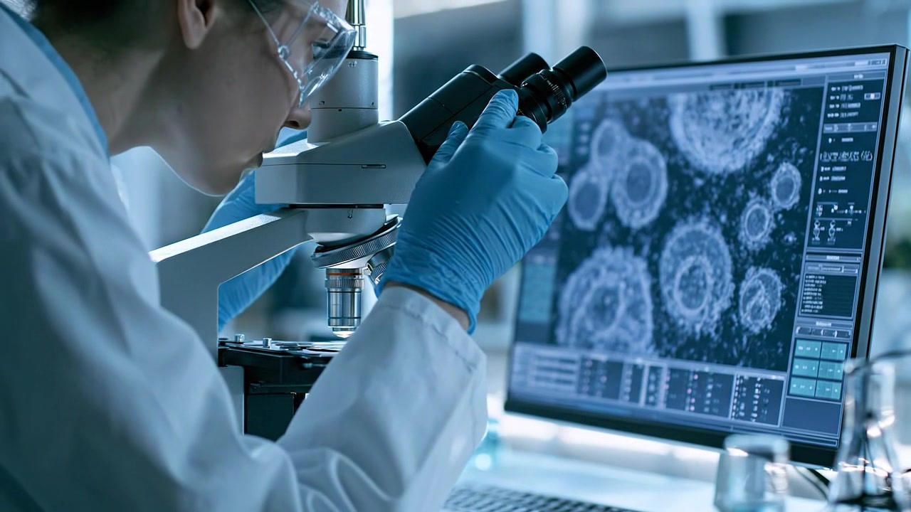 Microscópio de Laboratório ao Lado de uma Tela Exibindo Células Biológicas Ampliadas