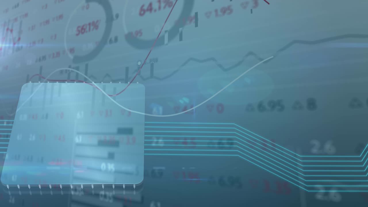 Animation of financial data processing over computer chip and glowing links