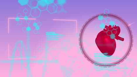 animation of chemical formulas and data processing over model of human heart beating