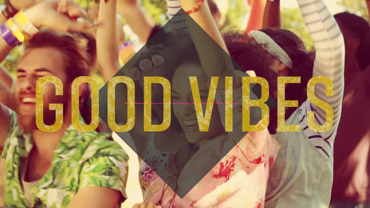 Animation of good vibes text over diamond shape and people dancing at party in background