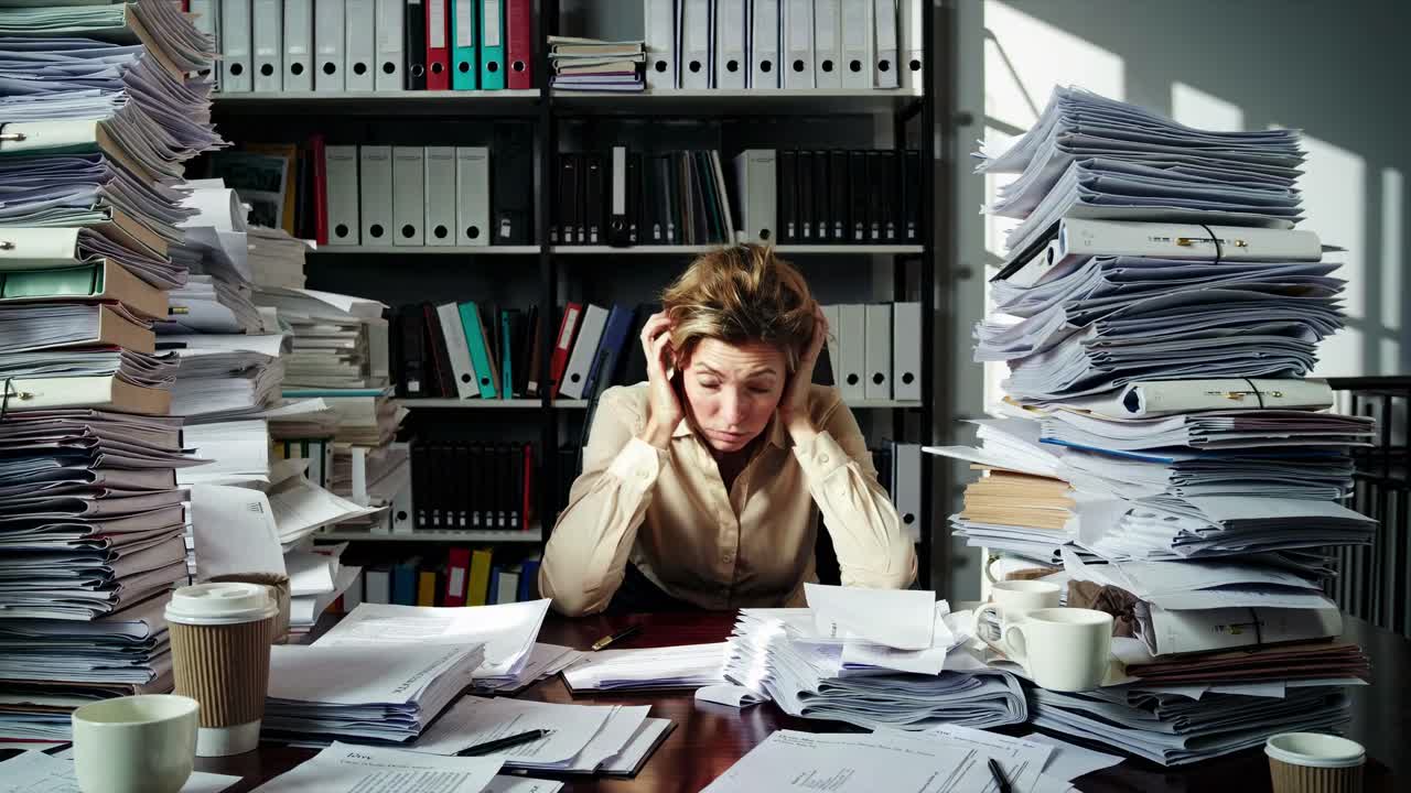 A stressed woman sits at a cluttered desk with towering stacks of papers