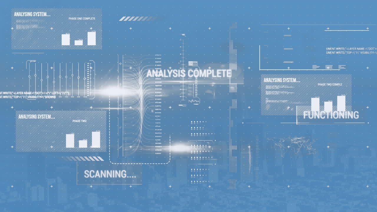 Animation of data processing and arrows over cityscape