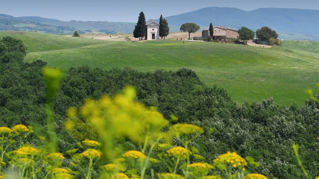 The Cappella of Vitaleta near Pienza with defocused yellow flowers on foreground. Pienza, Tuscany. Italy
