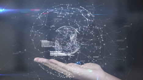 animation of network of connections and globe over hand on dark background