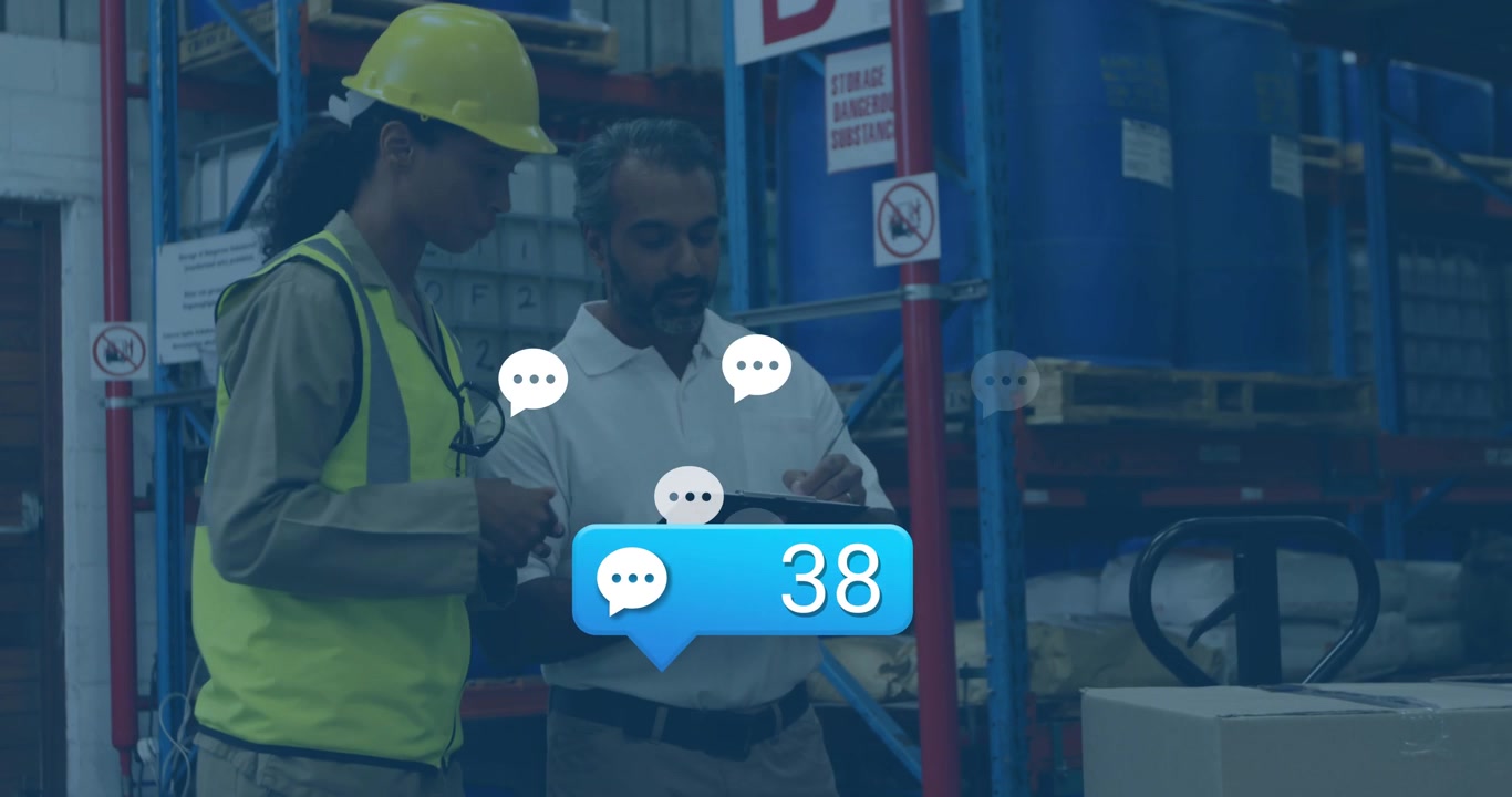 Worker entering warehouse joining man holding tablet, pointing swiping tapping tracking chat counts
