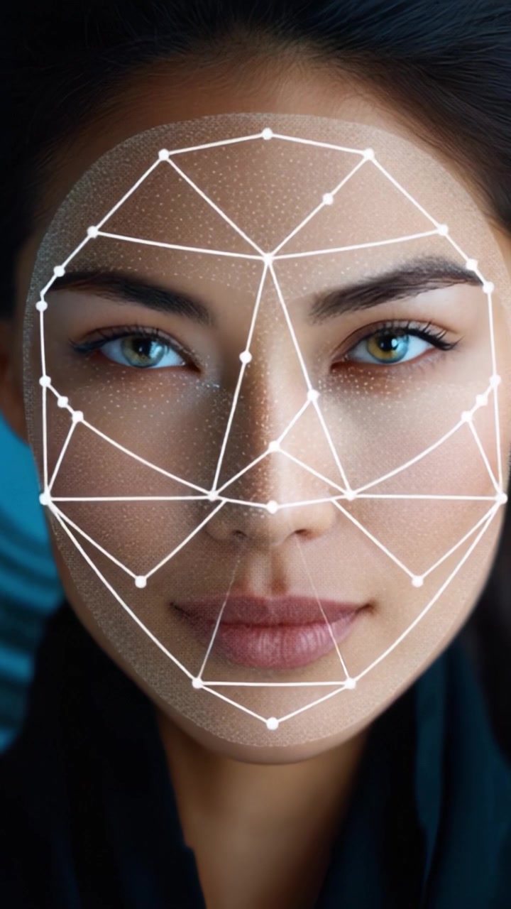 Elegant Woman with Facial Mapping Technology Showcasing Biometric Features and Expressions in a Close-Up Image Enhancing Beauty and Modern Innovations in Science
