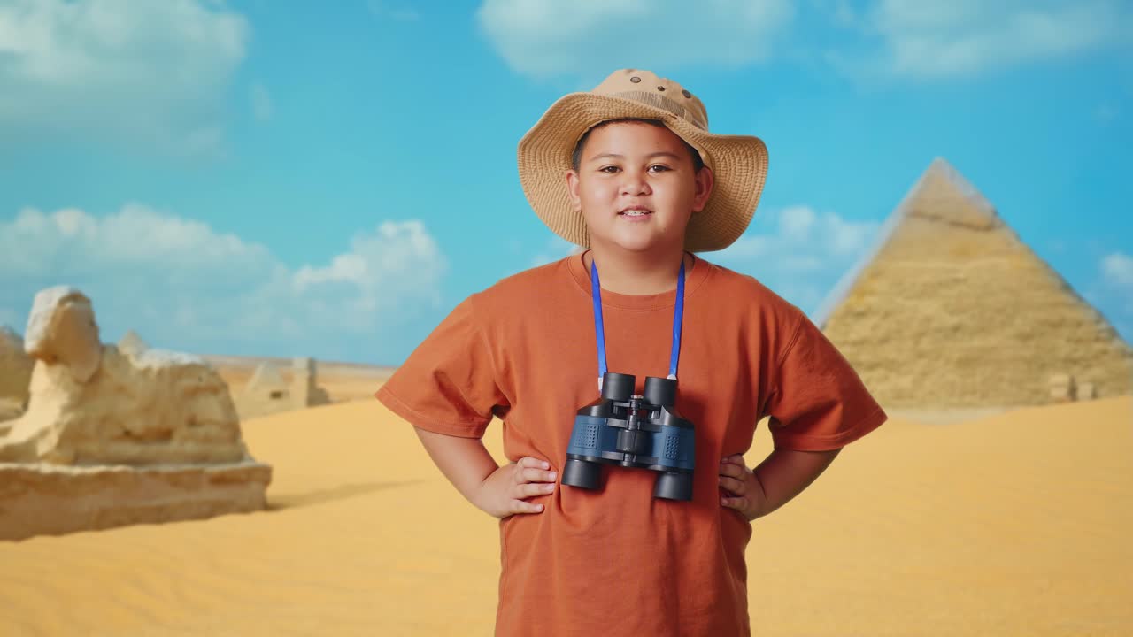 Young Explorer in front of the Egyptian Pyramids