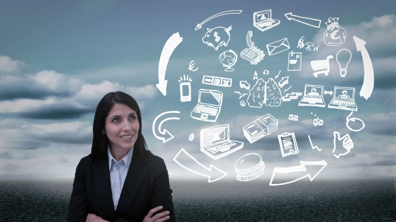 mujer de negocios de contenido viendo cerebro holográfico teniendo idea